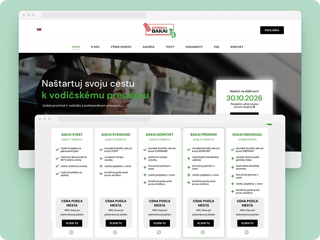 Web Autoškoly Peter Bakai s prehľadom balíčkov kurzov